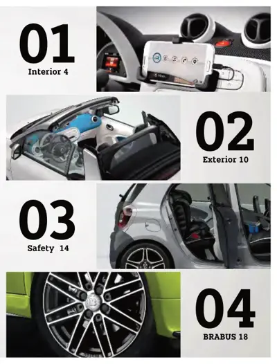 Contents page with four numbered sections: interior accessories, exterior accessories, safety features, and Brabus wheels.