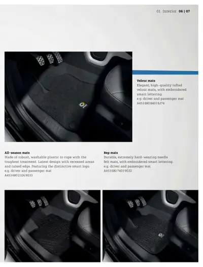 Three types of smart car floor mats shown: black velour with embroidered logo, plastic all-season mat, and needle felt rep mat.