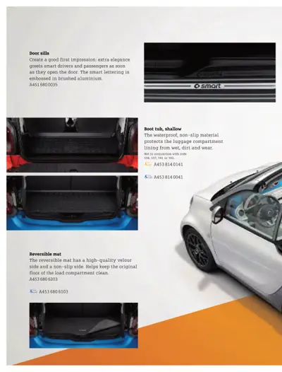 Three Smart cargo and interior accessories shown with descriptive text and part numbers for 451/453 models.