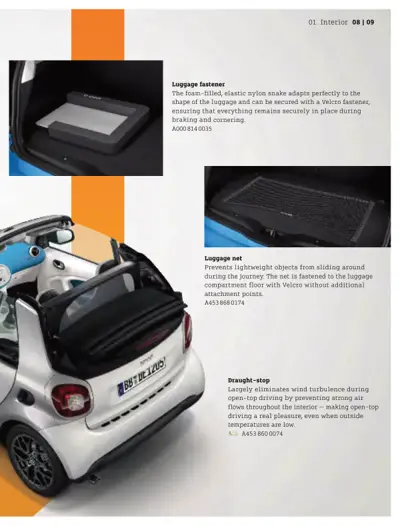 Three interior accessory images: foam luggage fastener pad, black luggage retention net, and open-top wind deflector.