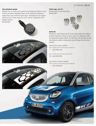 Tire pressure gauge tool, valve caps set, and decorative roof decal options shown on blue Smart car.