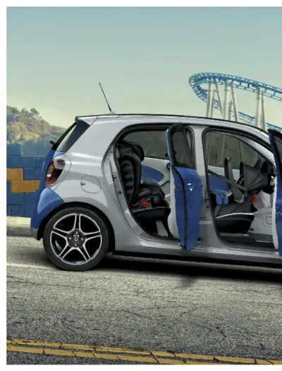 Two-door smart car with open doors displaying black and blue interior seats