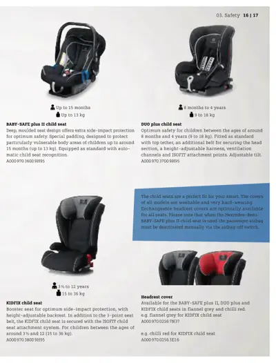 Three child car seats shown with specifications and a headrest cover product image.