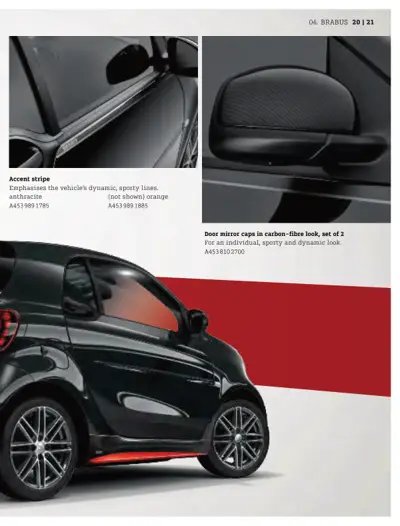 Three photos showing body trim details: side accent stripe, carbon-fibre mirror cap, and full red accent stripe on black Smart.