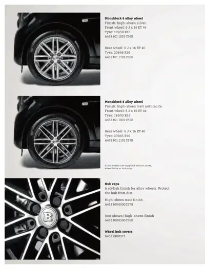 Three wheel images showing Monoblock 8 alloy wheels in silver and anthracite finishes, plus hub cap and bolt cover details.