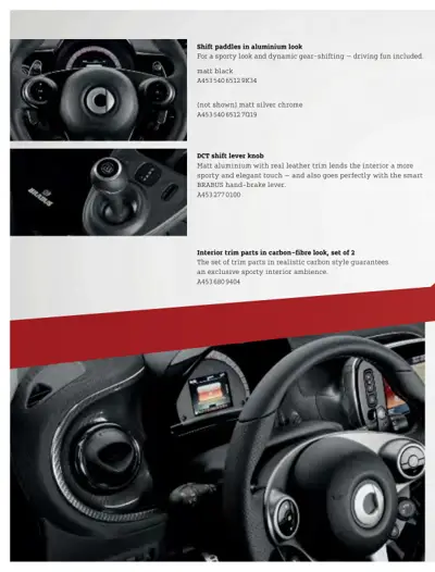Interior trim parts: aluminum shift paddles, DCT shift lever knob, and carbon-fibre trim set for smart 453.