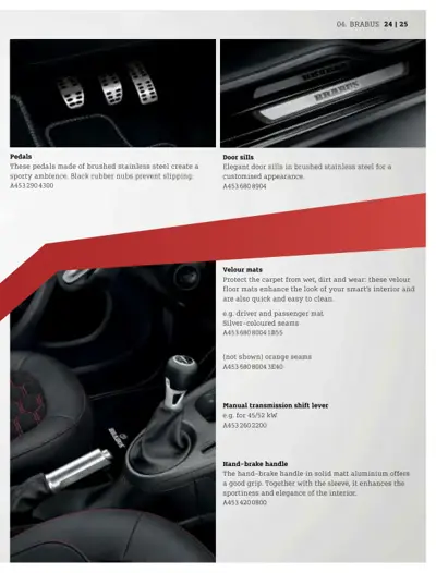 Catalog page showing Brabus interior trim and control accessories with part numbers