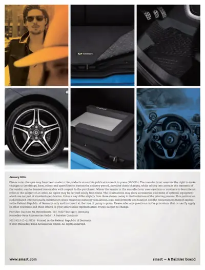 Collage of smart car accessories including floor mats, alloy wheel, dashboard trim, and steering wheel in blue and black.