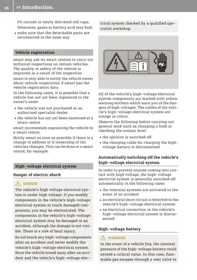 Text page with safety warnings about high-voltage systems, yellow warning stickers shown, and vehicle registration information.