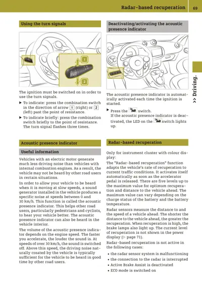 Dashboard controls showing turn signal stalk and acoustic indicator switch with radar recuperation explanation.