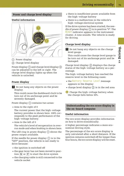 Dashboard power display (1) and charge level display (2) with eco score explanation for electric vehicle operation.