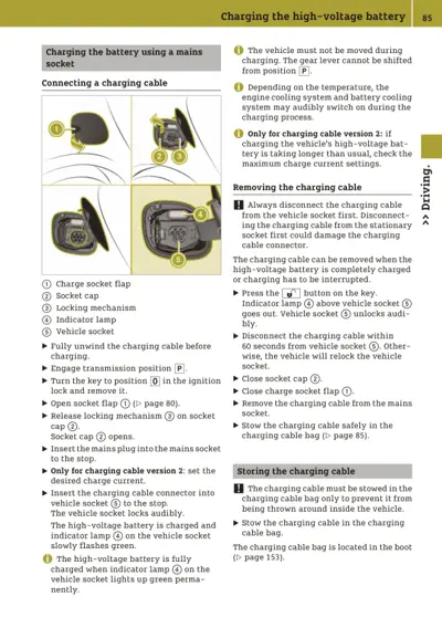 Charging cable connection sequence with five labeled components and warning callouts for EV battery charging.