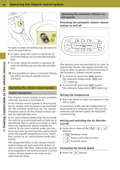 Climate control system operating instructions with control panel diagram and switch positions labeled.