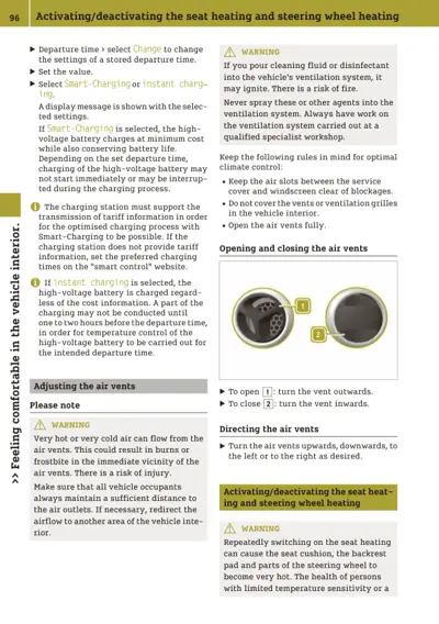 Owner manual page showing seat heater controls, air vent diagrams with numbered callouts, and heating system warnings.