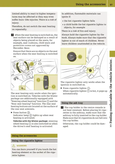 Owner manual page showing seat heating controls, cigarette lighter location with numbered callouts, and ash tray safety information.