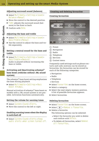 Owner manual page showing media system sound settings and favourites menu interface with numbered callouts.