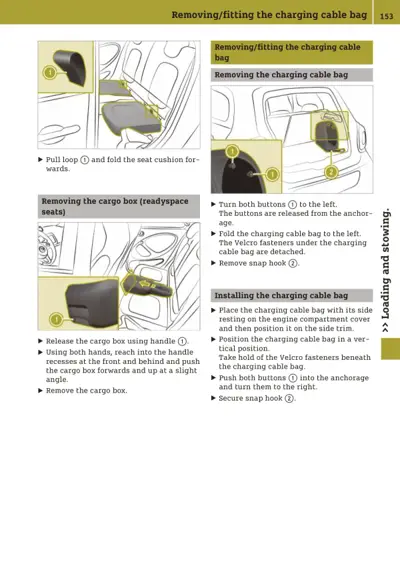 Service manual page showing charging cable bag removal and installation steps with numbered callouts.