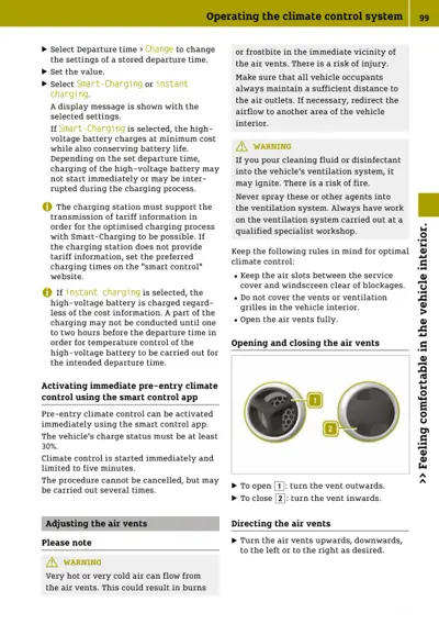 Owner manual page showing how to open, close, and direct air vents in vehicle interior.