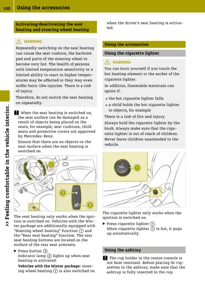 Owner manual page showing seat heating controls, cigarette lighter diagram, and ashtray instructions with numbered callouts.