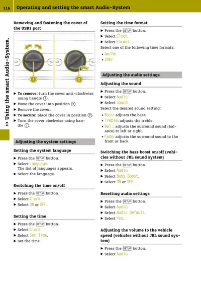 Audio system setup instructions with USB port diagram and menu navigation steps for Smart forfour.