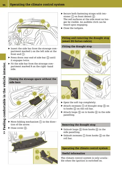 Instruction diagrams showing climate control, draught stop fitting, and stowage space closure with numbered callouts.
