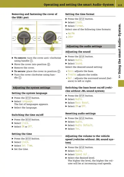 Owner manual page showing audio system operation and configuration menu options with numbered callouts.