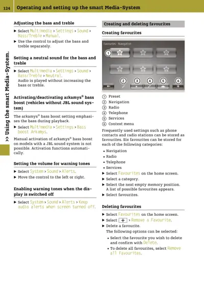 Owner manual page showing media system settings for audio adjustment and favourite management.