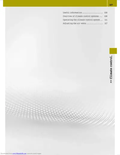 Contents page listing climate control topics and page numbers