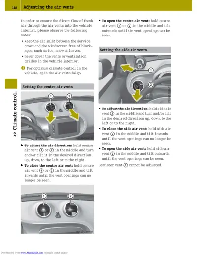 Page 118 showing climate control air vent adjustment with three photos of dashboard vents and text instructions.