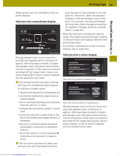 Owner manual page explaining eco score display with monochrome and color instrument cluster examples.