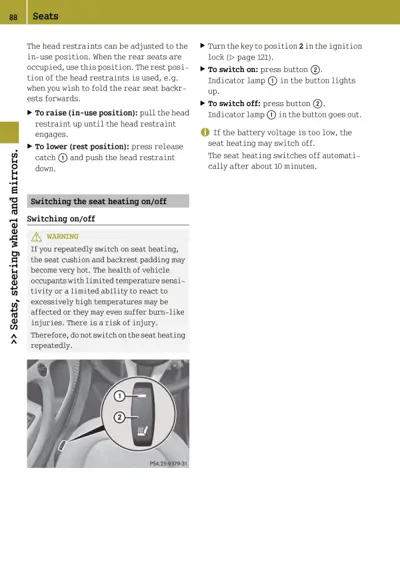 Seat heating switch button with indicator lamp locations and on/off instructions.