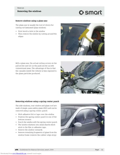 Rescue manual page showing glass saw and spring punch techniques for removing laminated and safety glass windows