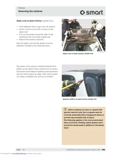Rescue guide showing glass roof removal on fortwo and quarter window removal techniques with safety warning.