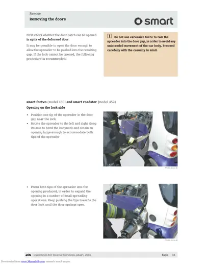 Rescue manual showing how to use spreader to open deformed car door at lock.