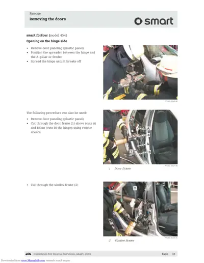 Rescue procedures for removing doors from smart forfour 454, with three demonstration photos of hinge and frame cutting.