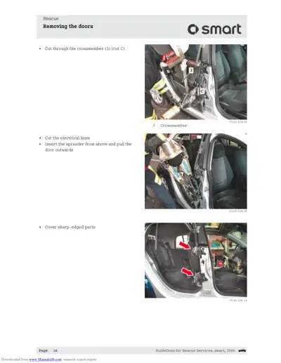 Three photos showing rescue door removal steps with numbered callouts and red arrow indicators.