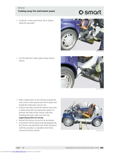 Three photographs showing emergency rescue techniques for instrument panel removal on Smart vehicle.