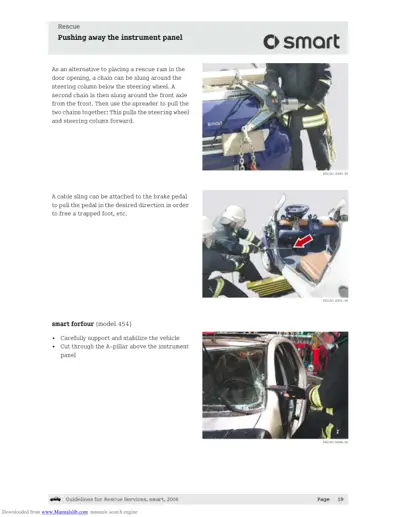Emergency rescue techniques showing chain attachment to steering column and brake pedal cable sling methods.
