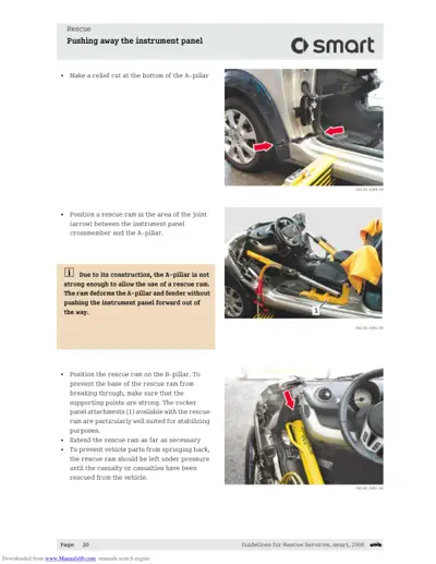 Three photos showing rescue ram placement technique for removing instrument panel from smart car.