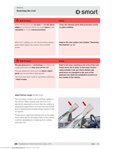 Rescue manual page showing roof removal risks and actions, with photo of roof support pillars marked with arrows.