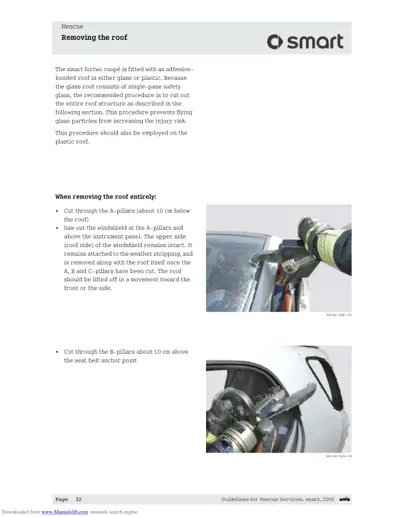 Rescue guide showing roof removal steps with cutting locations and tools on smart fortwo.