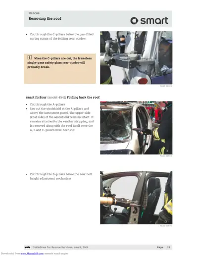 Three photographs showing emergency roof removal steps on Smart Forfour 454 cabrio vehicle with cutting procedures.