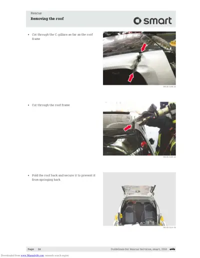 Three photos showing roof removal steps: cutting C-pillars, cutting roof frame, and folding roof back.