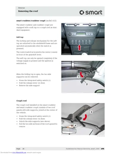 Rescue manual page showing roof removal procedures for Smart Roadster model 452, including soft top and coupé roof variants with numbered callouts.