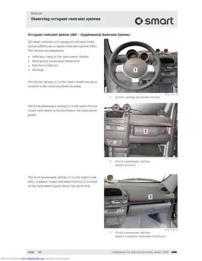Three photos showing airbag locations: driver airbag in steering wheel, passenger airbag below instrument panel, and passenger airbag in dashboard.