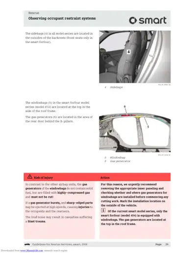 Diagrams showing sidebag location on seat, windowbag and gas generator positions on roof frame.