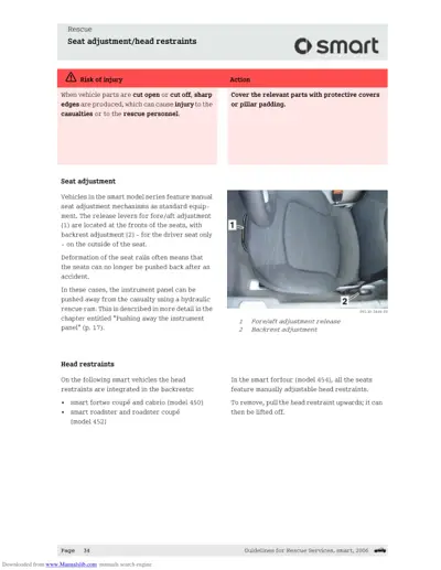 Rescue guide showing seat adjustment levers and backrest adjustment location with numbered callouts.