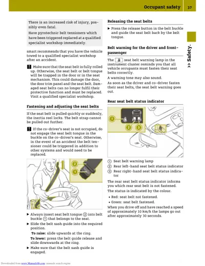Owner manual page showing seat belt operation, warning lamp locations, and rear belt status indicators