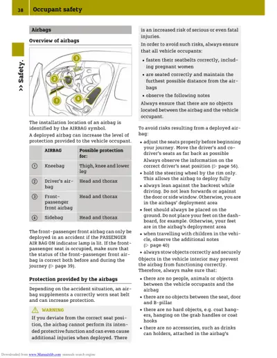Diagram showing four airbag locations in vehicle interior with numbered callouts and safety guidelines.