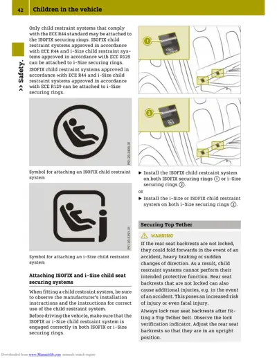 Diagrams showing ISOFIX and i-Size child seat attachment points and symbols with safety warnings.